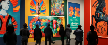 Részletes, színes, digitális festmény egy békés vidéki tájról, ahol egy patak folyik, és a naplemente narancssárga és rózsaszín árnyalatokkal világítja meg az eget.